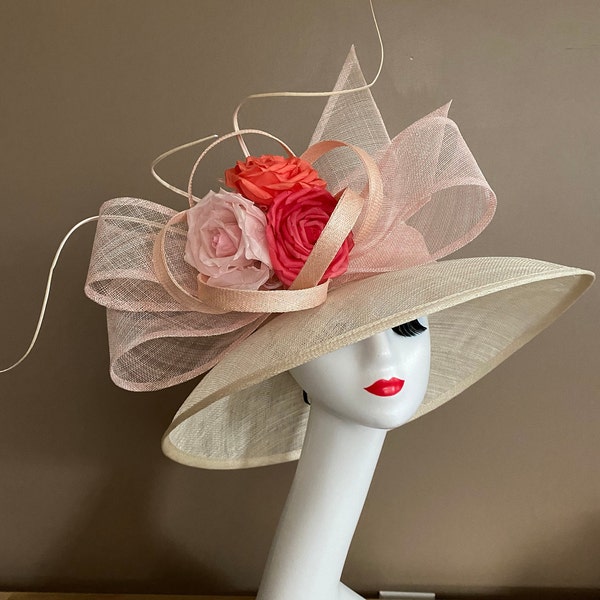 Cream/Pale Pink Carriage Church Kentucky Derby Hat with Soft Pink Bow and Shades of Pink & Coral Red Silk Rose. Easter Hat. Mother's Day Hat