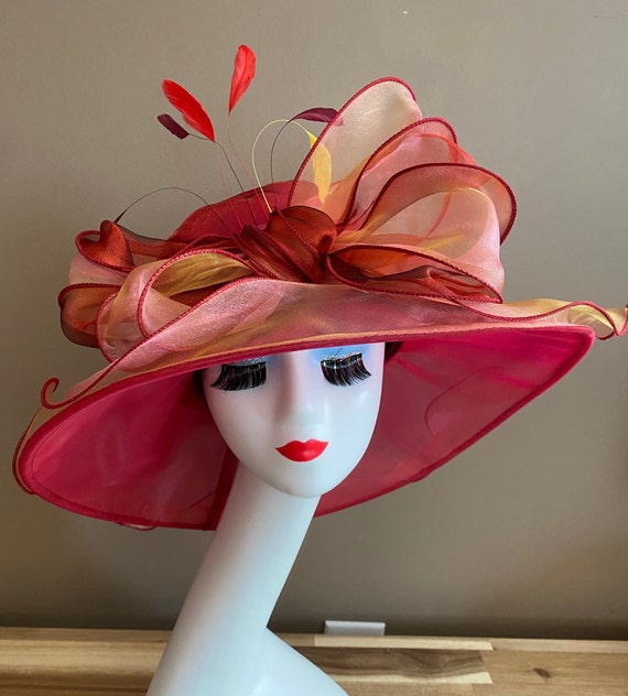 Gorgeous Embroidered Organza Adjustable Deep Red Wine Hat Bow Derby Church Yeetfub Derby Hat Tea Party Hats Church Hats Women Lace Bow  main image 4