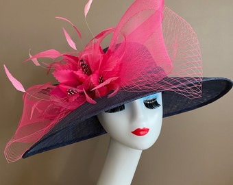 Navy Blue Church Carriage Kentucky Derby Hat W Hot Pink Netting Bow & Shades Pink Feather Flower. Mother Day Easter Wedding Tea Race Hat