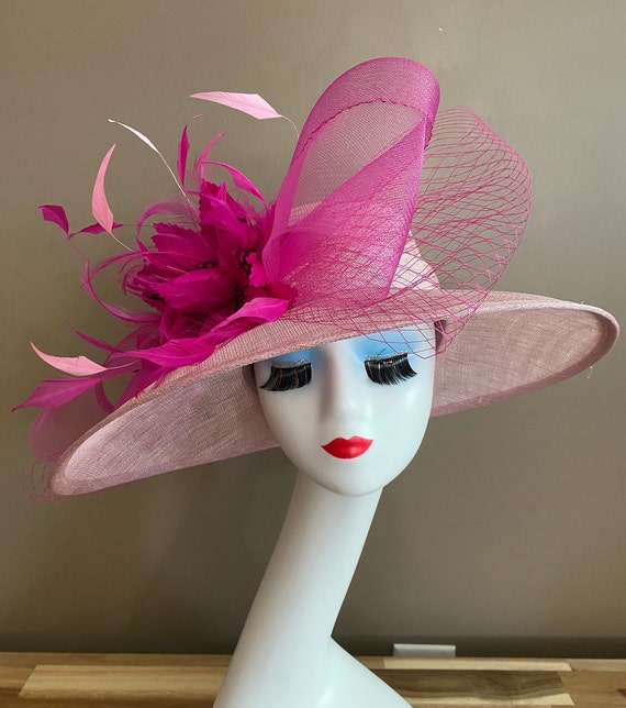 Light Pink Sinamay Derby Hat(m4): Fuchsia Feather Flower and Netting Bow adorned Hat