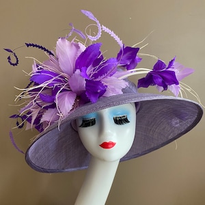 Purple Wide Brim Kentucky Derby Hat: Feather Flower Race Day Hat