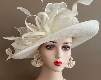 Classic Sophisticated British Royal Styled White Hat Rhinestone Brooch Church White Church Hat: Rhinestone Brooch, Silver Trim, Crinoline  main image 2