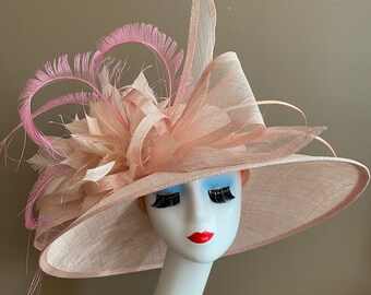 Large Blush Pink Wide Brim Church Carriage Kentucky Derby Hat W Sinamay Bow & Pink Feather Flowers. Mother Day Easter Tea Race Wedding Hat