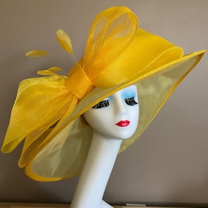 Gold Yellow Carriage Church Kentucky Derby Hat with Large Bow, Mother's Day Hat, Yellow Easter Race Tea Wedding Sinamay Organza Hat