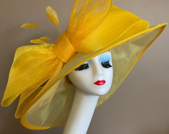 Goud gele koets kerk Kentucky Derby hoed met grote strik, Moederdag hoed, gele paasrace thee bruiloft Sinamay organza hoed