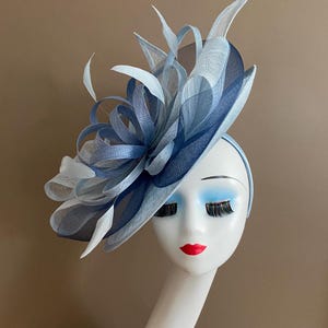 Powder Blue Kentucky Derby Fascinator W Mixed Blue Bow & Sinamay Ribbon Flower. Mother Day Wedding Easter Tea Horse Race Hat