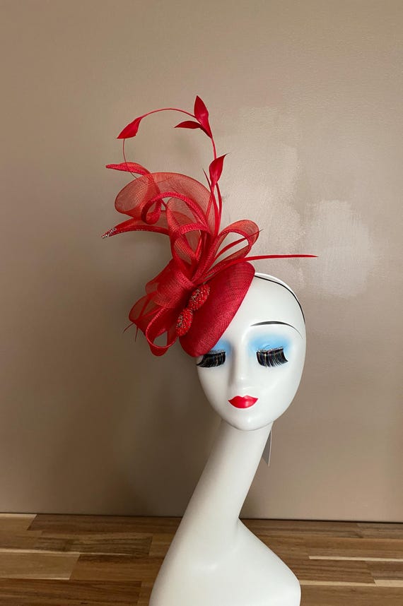Red Sinamay Kentucky Derby Fascinator(m6): Bow, Beads  display picture 2