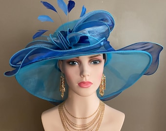 Mixed Blue Organza Derby Hat: Ascot Tea Party Wedding