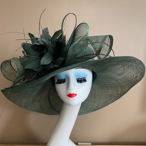 Emerald/Dark Green Wide Brim Church Carriage Kentucky Derby Hat with Green Sinamay Bow and Feather Flower. Easter Race Wedding Tea Ascot Hat