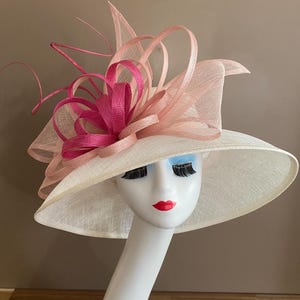Ivory White Sinamay Derby Hat with Pink Bow & Ribbon Flower