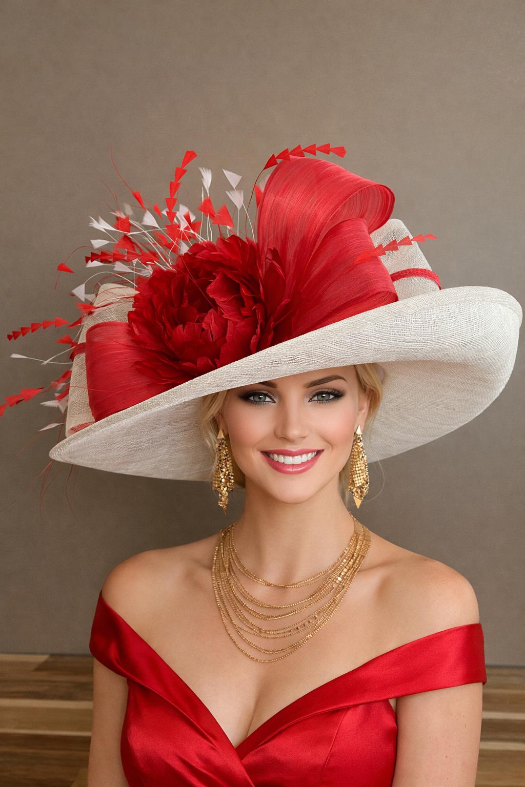 Ivory Red Silk Abaca Kentucky Derby Hat (g5): Wide Brim Feather Peony…