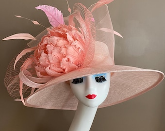 Flipped Brim Unique Pink Derby Oaks Hat Pearl Pampas Floral Accents Kentucky Derby Hat, off White Pink Large Rose Easter Hat  main image 4