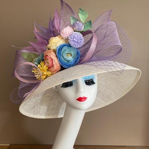 Wide Brim Lavender Derby Hat: Ivory Sinamay, Silk Flowers