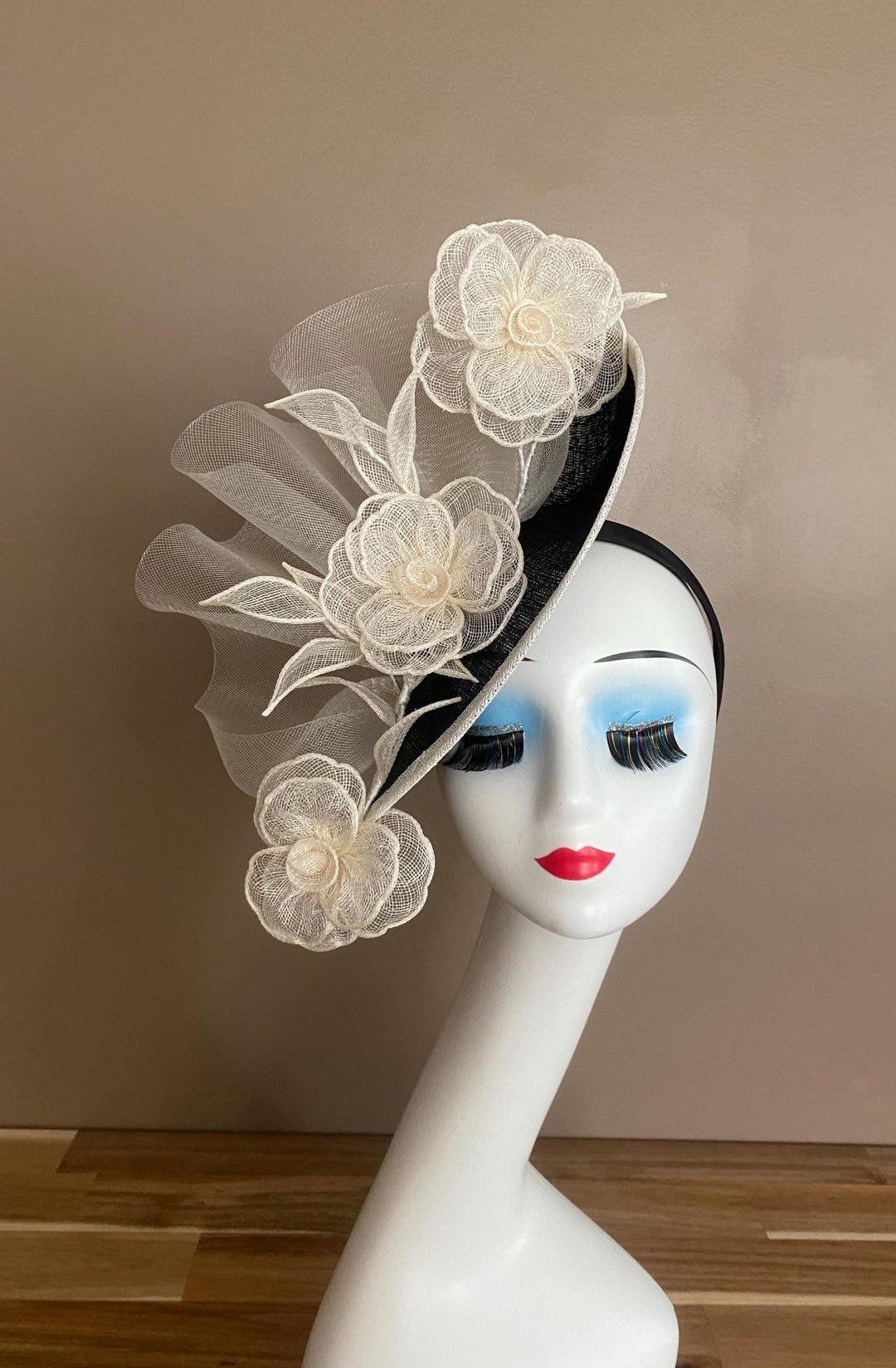 NEW Ivory Sinamay‎ Wide Brim Fascinator Hat Kentucky Derby Wedding Church Floral Ivory Wide-Brim Derby & Wedding Hat | Whiteley Millinery main image 2