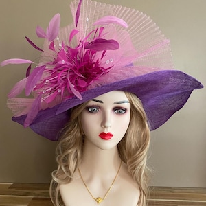 Purple Sinamay Kentucky Derby Hat: Wide Brim Feather Flower Race Day Hat