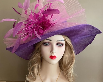Purple Hot Pink Plum Jeweled Flower Women Kentucky Derby White Hat Wide Brim Purple Hot Pink Plum Jeweled Flower Women Kentucky Derby  main image 2