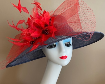 Navy Blue Church Carriage Kentucky Derby Hat W Red Netting Bow & Feather Flower. Red/Poppy Mother Day Easter Wedding Tea Race Hat