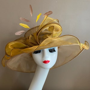 Gold/Yellow/Light Brown Church Carriage Kentucky Derby Hat. Gold/Yellow Organza Dress Hat. Mother's Day Easter Ascot Tea Cocktail Race Hat