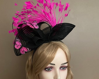 Chapeau Kentucky fuchsia/noir, chapeau derby fait main, bibi fuchsia/noir, chapeau de Pâques Royal Ascot Tea Race, chapeau pour la fête des mères