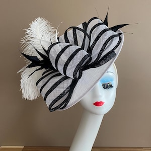 White Sinamay Derby Fascinator: Black & White Bow, Feather Headband