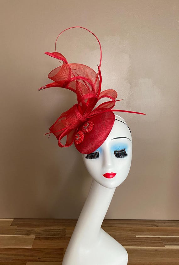 Red Sinamay Kentucky Derby Fascinator(g10): Bow/beads Race  display picture 2