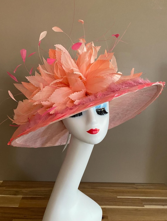 Pink Sinamay Derby Hat(m9): Feather Flower Trim, Tea Party 