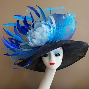 Navy Blue Kentucky Derby Hat: Wide Brim Feather Flower Race Day Hat