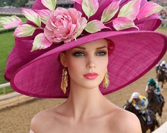 Fuchsia Kentucky Derby Hat: Wide Brim, Silk Abaca Bow Flower (M8)