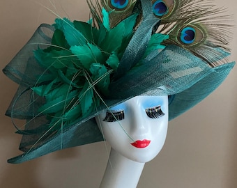 Emerald Green Kentucky Derby Hat(m4): Wide Brim Sinamay Bow, Feather Flowers