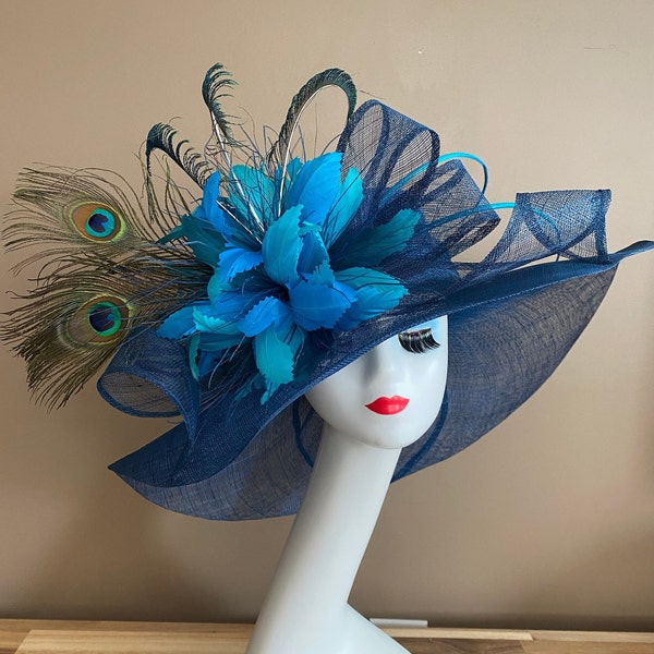 Deep Ocean Blue Wide Brim Church Carriage Kentucky Derby Hat W Large Bow and Peacock Multi Blue Feather Flower. Easter Race Weddings Tea Hat