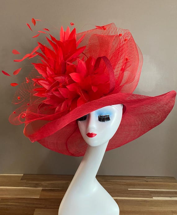Vibrant Red Wide-Brim Hat Genuine Red Wool w/ Deep Blue Feather & Decorative Netting  main image 4