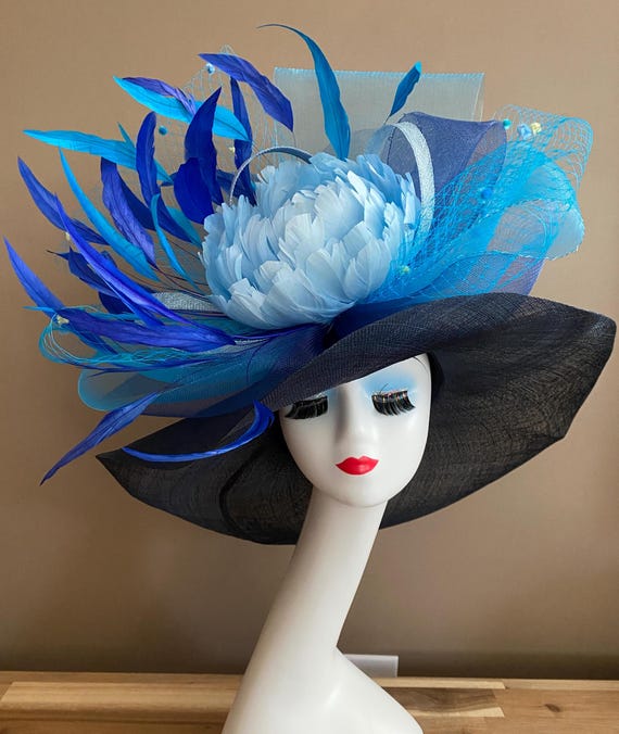 Navy Blue Kentucky Derby Hat (G1): Wide Brim Feather Flower 