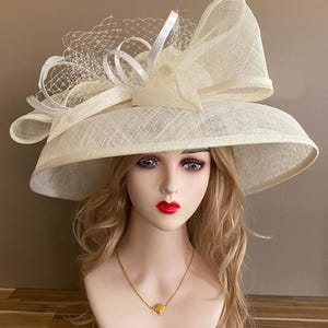 Ivory White Sinamay Derby Hat: Rhinestone Bow & Feathers