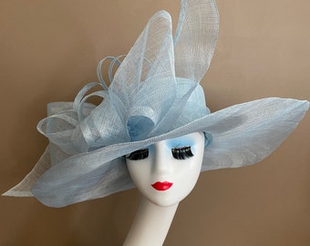 Ready to Ship Powder Blue Wide Brim Carriage Church Kentucky Derby Hat W Super Large Light Blue Sinamay Bow. Mother Day Race Wedding Tea Hat