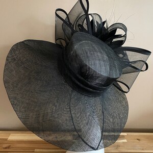 Black Wide Brim Church Carriage Kentucky Derby Hat W Large Black Netting/Sinamay Bow & Feather Flower Mother Day Easter Race Wedding Tea Hat image 6