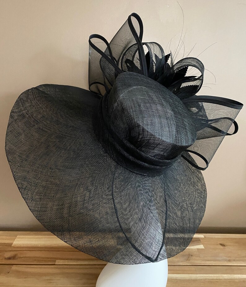 Black Wide Brim Church Carriage Kentucky Derby Hat W Large Black Netting/Sinamay Bow & Feather Flower Mother Day Easter Race Wedding Tea Hat image 6