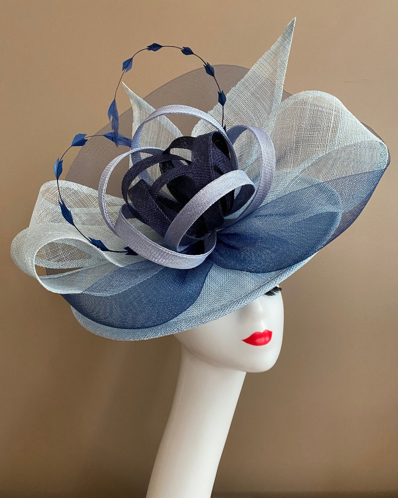 Powder Blue Carriage Church Fascinator with Light/Dark Blue Bow and Sinamay Flower. Kentucky Derby Hat. Wedding Easter Tea Race Ascot Hat image 2