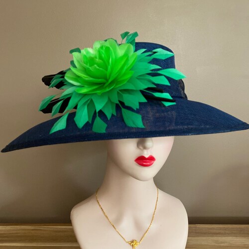 Navy/Green Kentucky Derby shops Hat. Navy Church Hat. Green Mother's Day Hat. Green Royal Ascot Hat. Navy Bridal/Tea Party Hat. Green Race Hat