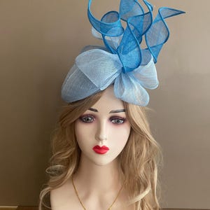 Azure Blue Sinamay Fascinator: Kentucky Derby Hat with Bow