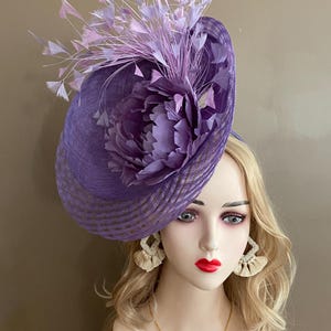 Purple Sinamay Kentucky Derby Fascinator: Lavender Feather Flower Headband