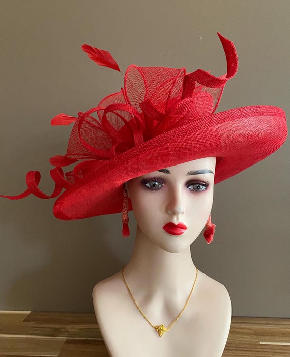 Red Sinamay Kentucky Derby Fascinator(m6): Bow, Beads 
