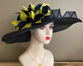 Dark Navy Church Carriage Kentucky Derby Hat. Easter Hat. Formal Wide Brim Sinamay hat for races, Royal Ascot, Weddings, Tea Party...