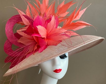 Light Pink Kentucky Derby Hat W Bow & Coral/Hot Pink Feather Flower. Sinamay cartwheel Vintage hat. Mother Day Easter Wedding Church Tea Hat