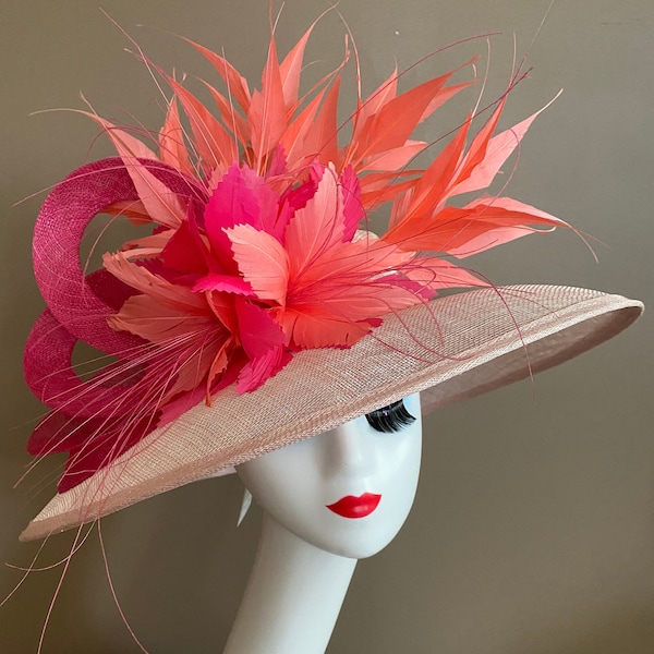 Light Pink Kentucky Derby Hat W Bow & Coral/Hot Pink Feather Flower. Sinamay cartwheel Vintage hat. Mother Day Easter Wedding Church Tea Hat