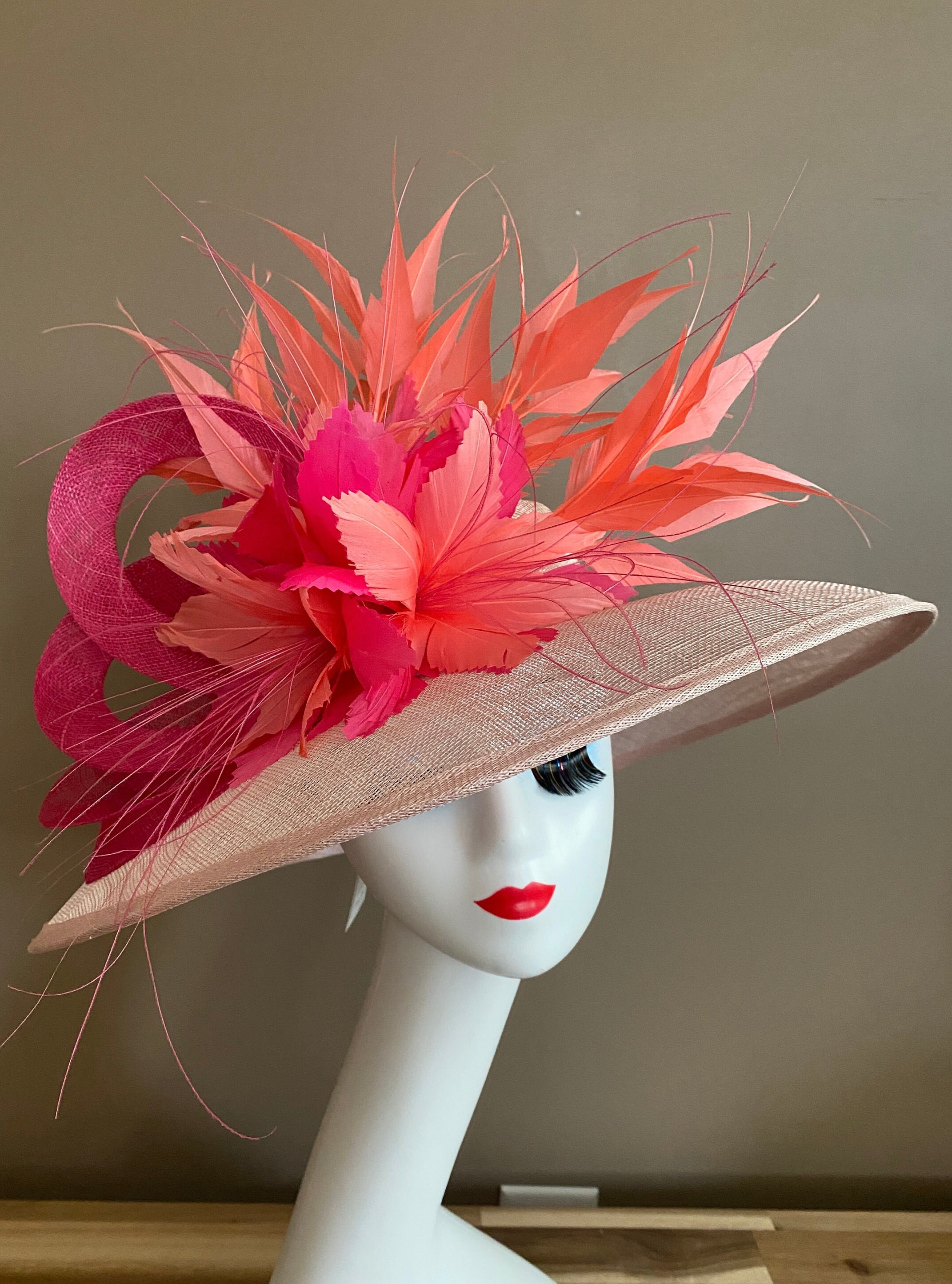 MaryJean Collection Coral Red Sinamay Wide Brim Hat w/ Bow + Original Box Red Sinamay Fascinator Hat: Gold Fabric Flower, Feather  main image 4