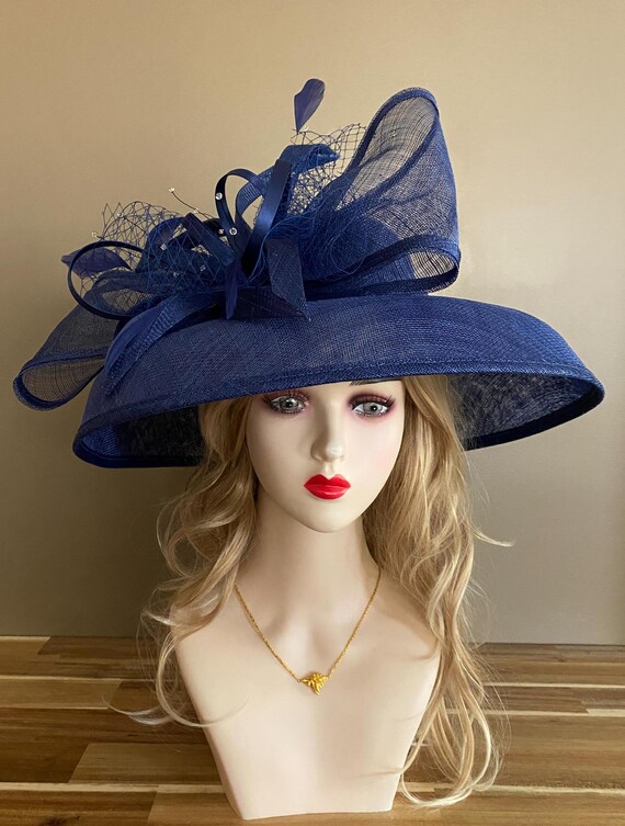 Navy Blue Sinamay Kentucky Derby Hat(m4): Rhinestone Bow 