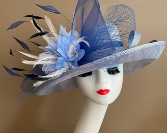 Pale/Denim Blue Church Carriage Kentucky Derby Hat with Navy Blue/White Bow and Feather Flowers. Mother's Day Hat.  Easter Wedding Tea Hat