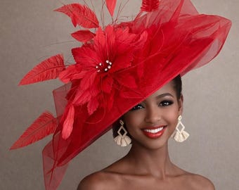 New Red Feather Fascinator Pearl Embellishment Sinamay Bow Derby Church Tea Hag Red Sinamay Fascinator Hat Wedding Fancy Feather Hat for  main image 3