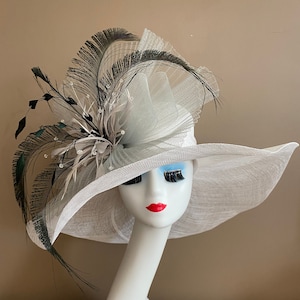 White Wide Brim Kentucky Derby Hat: Feather Flower & Netting Bow
