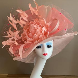 Pale Pink Kentucky Derby Hat: Wide Brim Sinamay, Feather Flower